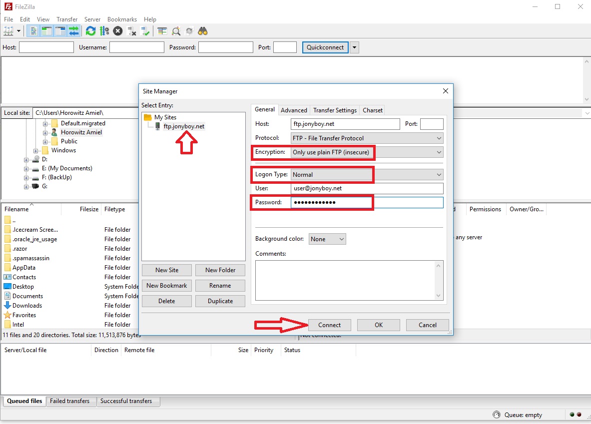 FTP Connection to the Server With Filezilla